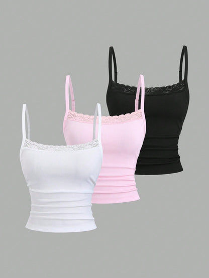 Sweetra Sweet&Spicy Elegant Lace Camisole,White And Pink Summer Everyday Casual Tight-Fitting Cropped Backless Tank Top For Music Festival Vacation Date Work