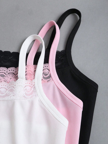 Sweetra Sweet&Spicy Elegant Lace Camisole,White And Pink Summer Everyday Casual Tight-Fitting Cropped Backless Tank Top For Music Festival Vacation Date Work