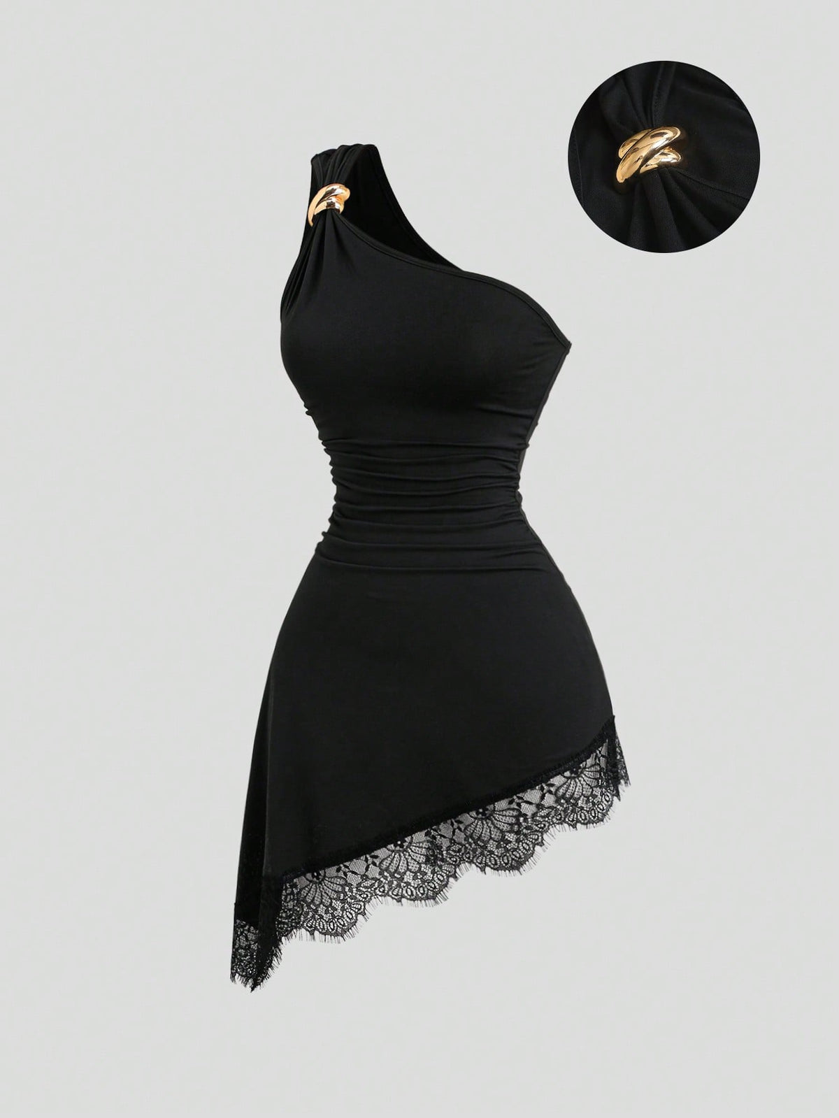 Sweetra Vintage Romantic Young Lady Sexy Mature Style One-Shoulder Asymmetric Neckline Ruched Waist Bodycon Dress With Single Metal Buckle, Waist Pleats, Slimming Fit, Asymmetric Hemline, Eyelash Lace