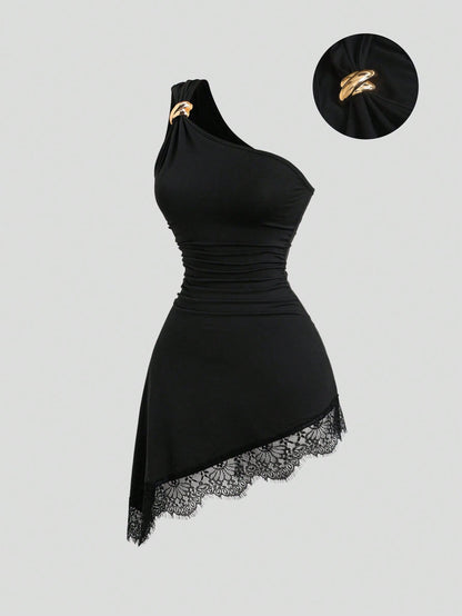 Sweetra Vintage Romantic Young Lady Sexy Mature Style One-Shoulder Asymmetric Neckline Ruched Waist Bodycon Dress With Single Metal Buckle, Waist Pleats, Slimming Fit, Asymmetric Hemline, Eyelash Lace