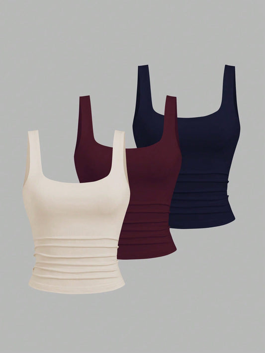 Sweetra Women Casual Square Neck Pleated Camisole, Summer