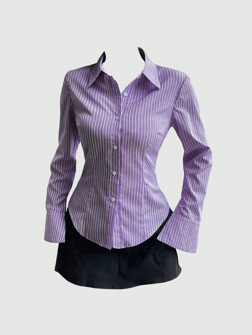 Sweetra Women Long Sleeve Single Breasted Casual Slim Striped Shirt Fall Cloth For Women