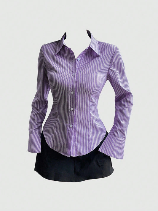 Sweetra Women Long Sleeve Single Breasted Casual Slim Striped Shirt Fall Cloth For Women