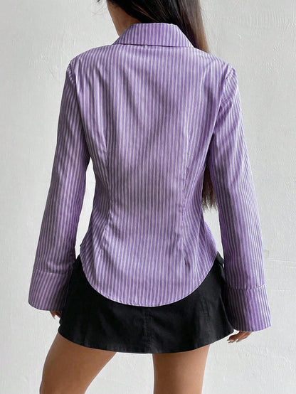 Sweetra Women Long Sleeve Single Breasted Casual Slim Striped Shirt Fall Cloth For Women