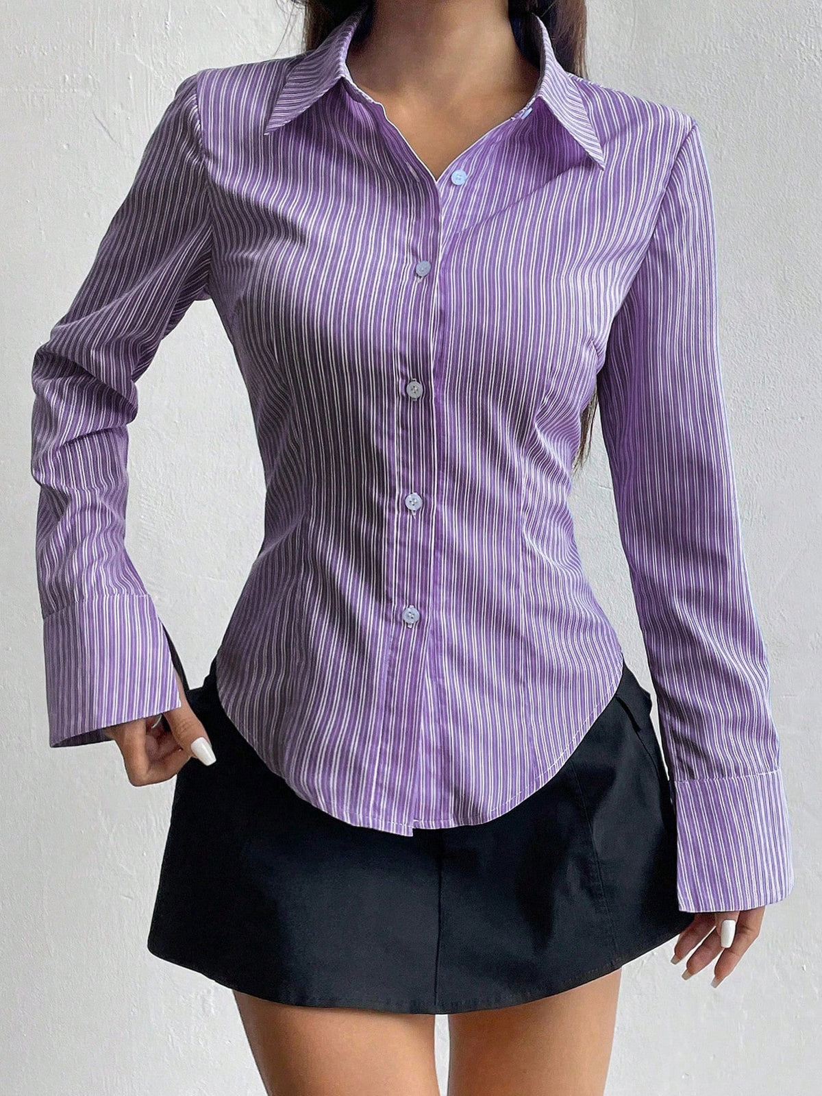 Sweetra Women Long Sleeve Single Breasted Casual Slim Striped Shirt Fall Cloth For Women
