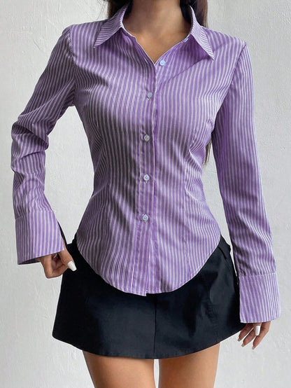 Sweetra Women Long Sleeve Single Breasted Casual Slim Striped Shirt Fall Cloth For Women