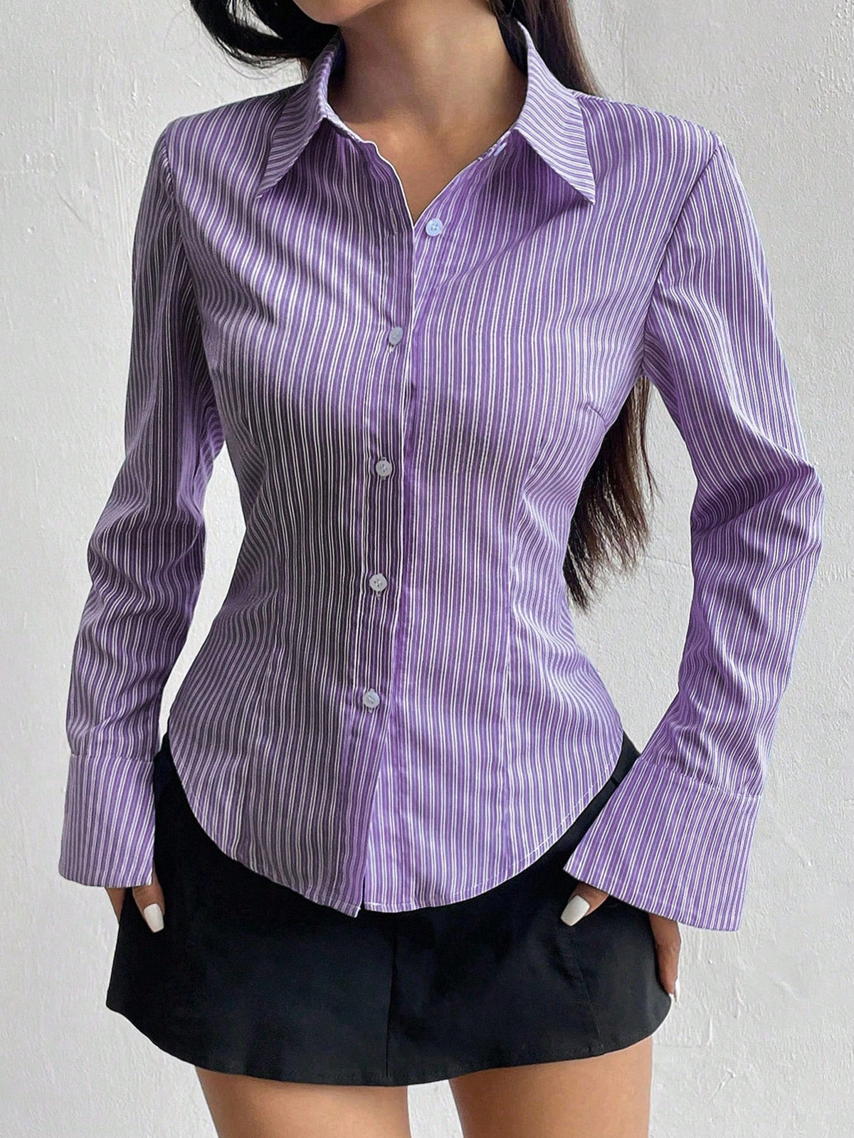 Sweetra Women Long Sleeve Single Breasted Casual Slim Striped Shirt Fall Cloth For Women