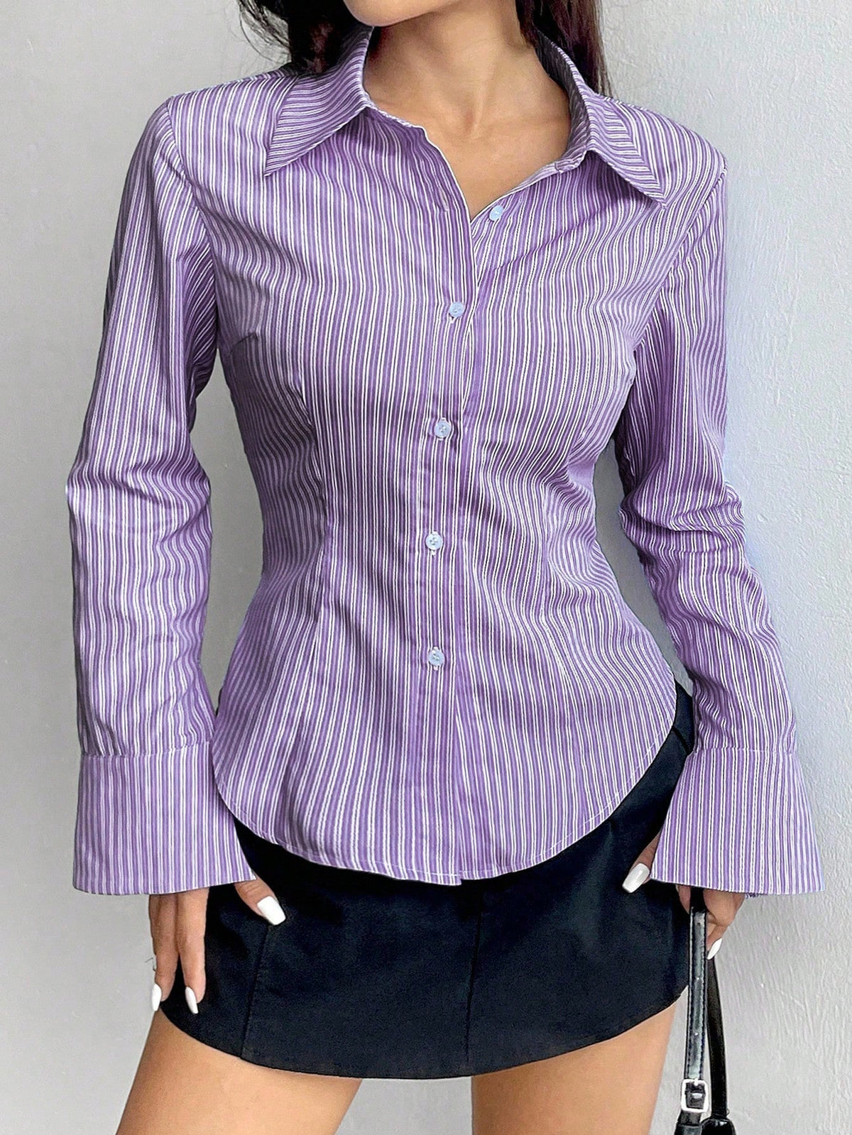 Sweetra Women Long Sleeve Single Breasted Casual Slim Striped Shirt Fall Cloth For Women