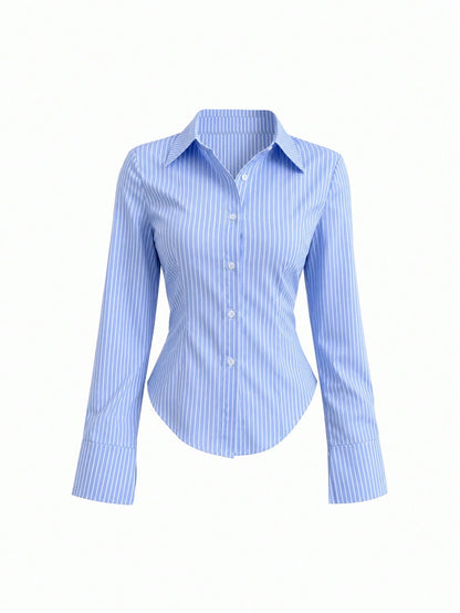 Sweetra Women Long Sleeve Single Breasted Casual Slim Striped Shirt Fall Cloth For Women