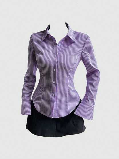 Sweetra Women Long Sleeve Single Breasted Casual Slim Striped Shirt Fall Cloth For Women