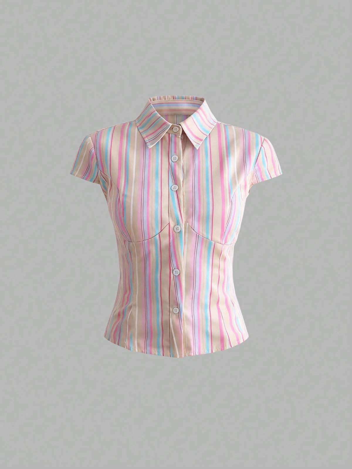 Sweetra Women Rainbow Stripe Slim-Fit Short Sleeve Shirt, Spring/Summer