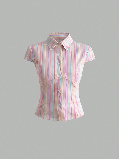 Sweetra Women Rainbow Stripe Slim-Fit Short Sleeve Shirt, Spring/Summer