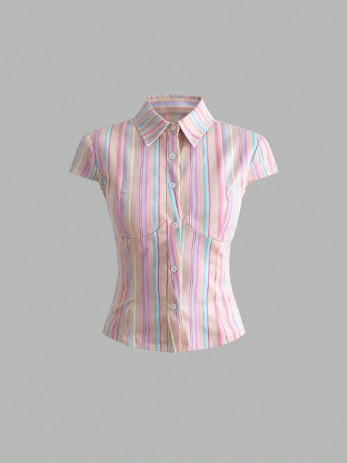 Sweetra Women Rainbow Stripe Slim-Fit Short Sleeve Shirt, Spring/Summer