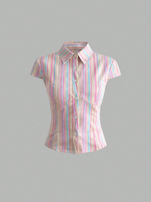 Sweetra Women Rainbow Stripe Slim-Fit Short Sleeve Shirt, Spring/Summer