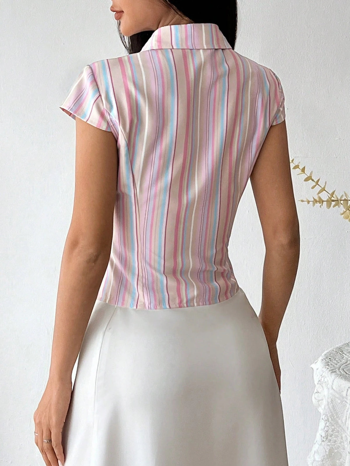 Sweetra Women Rainbow Stripe Slim-Fit Short Sleeve Shirt, Spring/Summer