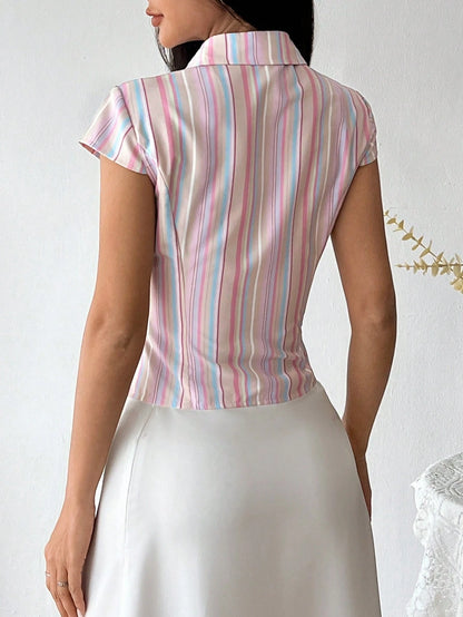 Sweetra Women Rainbow Stripe Slim-Fit Short Sleeve Shirt, Spring/Summer