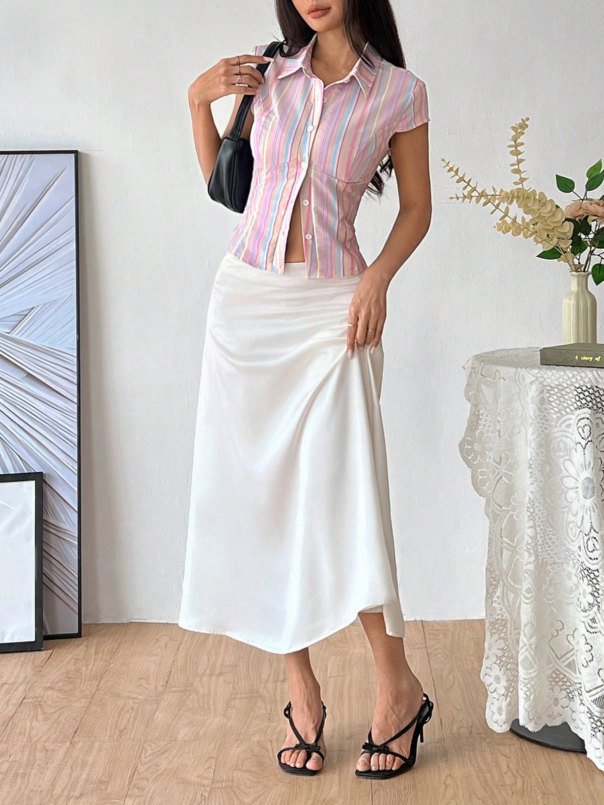 Sweetra Women Rainbow Stripe Slim-Fit Short Sleeve Shirt, Spring/Summer