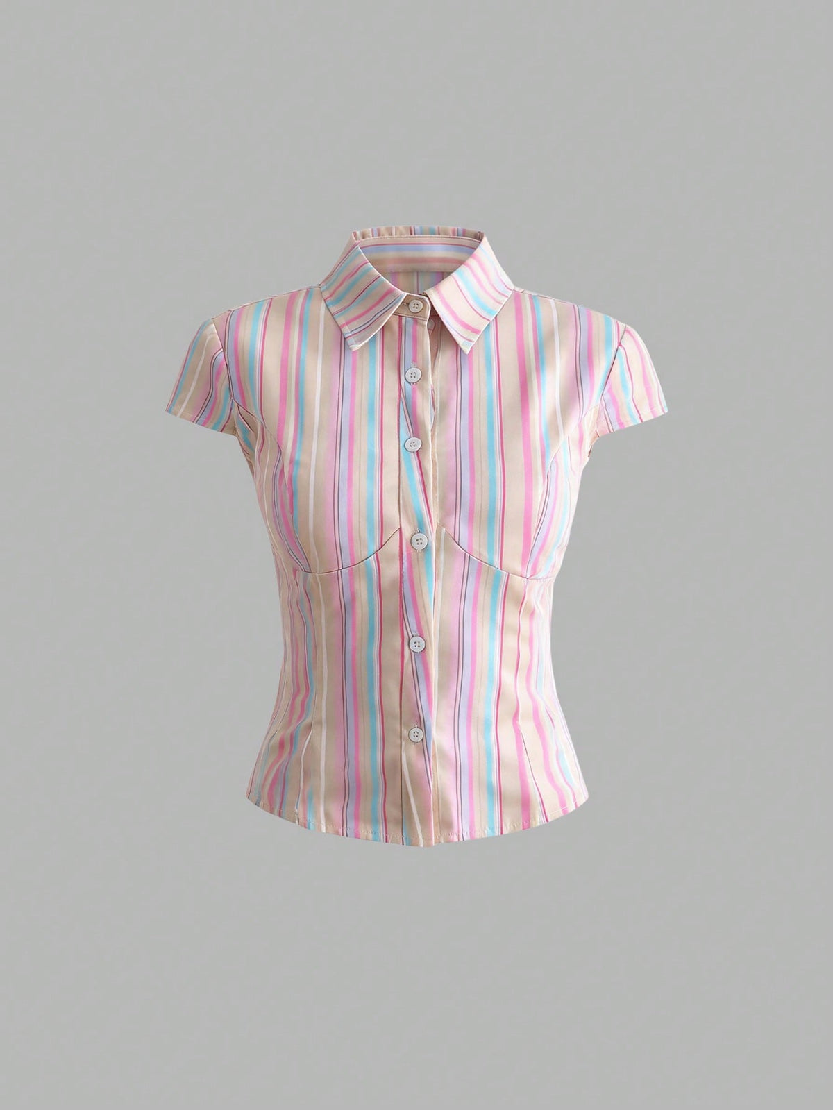 Sweetra Women Rainbow Stripe Slim-Fit Short Sleeve Shirt, Spring/Summer