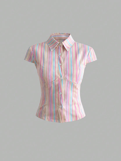 Sweetra Women Rainbow Stripe Slim-Fit Short Sleeve Shirt, Spring/Summer