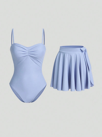Sweetra Women's Blue Cute And Flirty One-Piece Swimsuit & Cover Up Skirt For Vacation Summer Beach