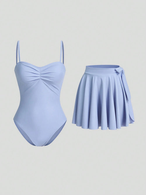 Sweetra Women's Blue Cute And Flirty One-Piece Swimsuit & Cover Up Skirt For Vacation Summer Beach