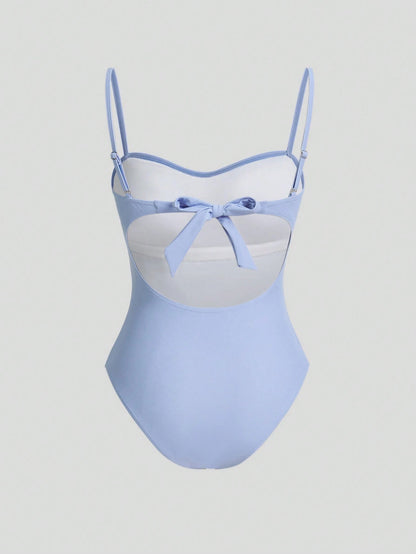 Sweetra Women's Blue Cute And Flirty One-Piece Swimsuit & Cover Up Skirt For Vacation Summer Beach