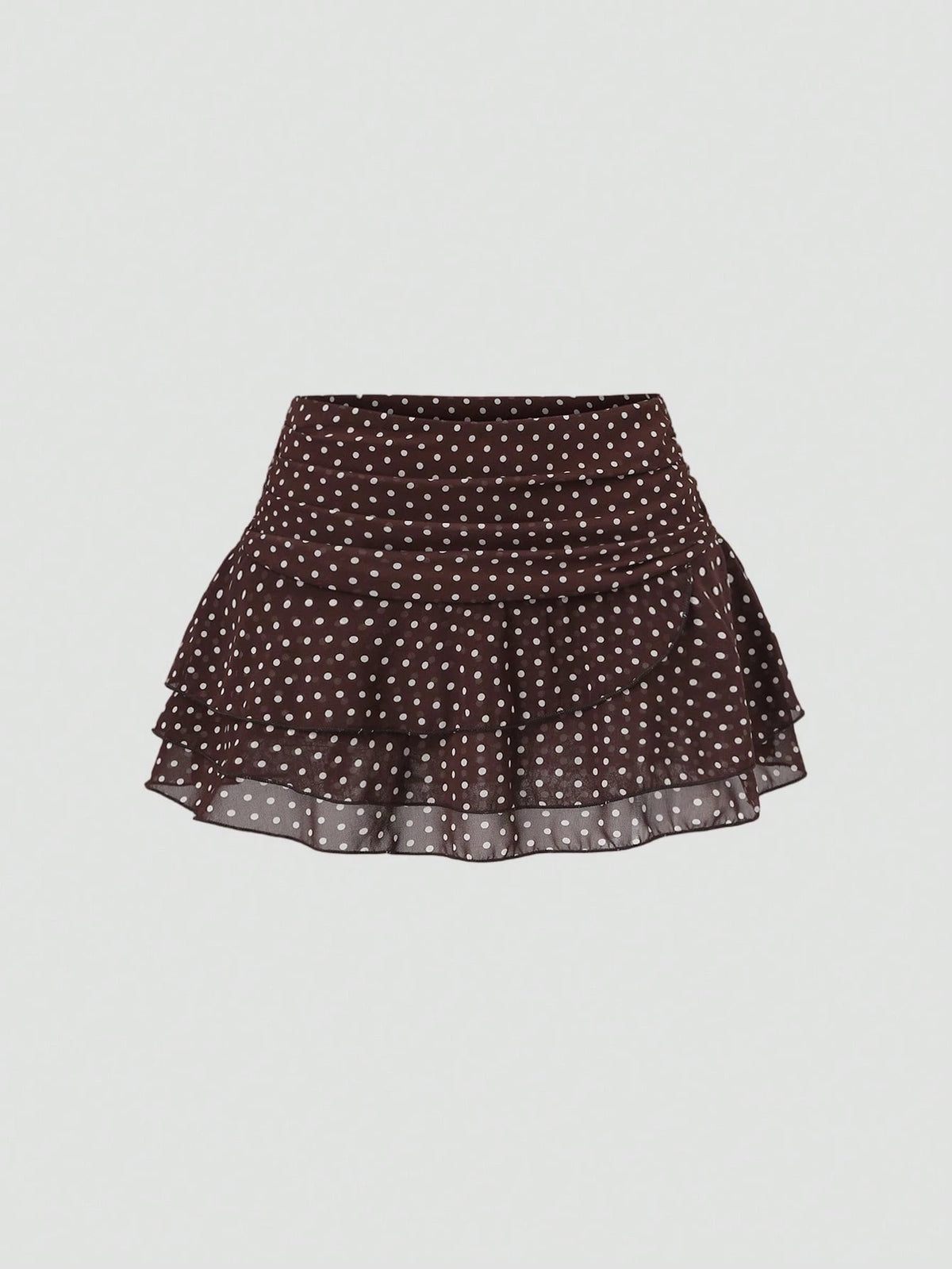 Sweetra Women's Brown And White Polka Dot Pleated Elegant Multi-Layer Cake A-Line Mini Skirt, Sweet Retro, Summer, Cute, Date Commuter Skirt