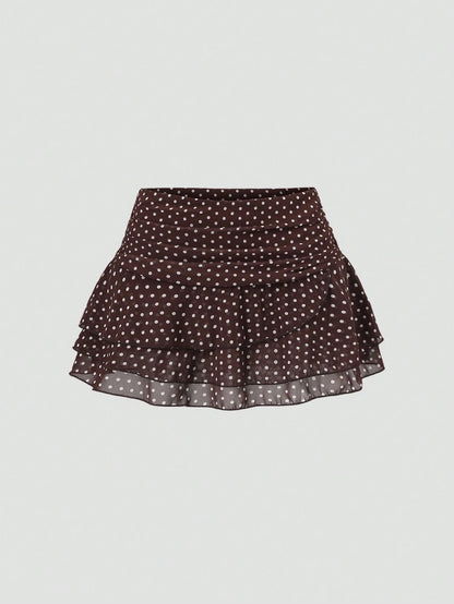 Sweetra Women's Brown And White Polka Dot Pleated Elegant Multi-Layer Cake A-Line Mini Skirt, Sweet Retro, Summer, Cute, Date Commuter Skirt