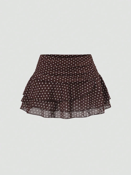Sweetra Women's Brown And White Polka Dot Pleated Elegant Multi-Layer Cake A-Line Mini Skirt, Sweet Retro, Summer, Cute, Date Commuter Skirt