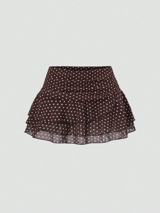 Sweetra Women's Brown And White Polka Dot Pleated Elegant Multi-Layer Cake A-Line Mini Skirt, Sweet Retro, Summer, Cute, Date Commuter Skirt