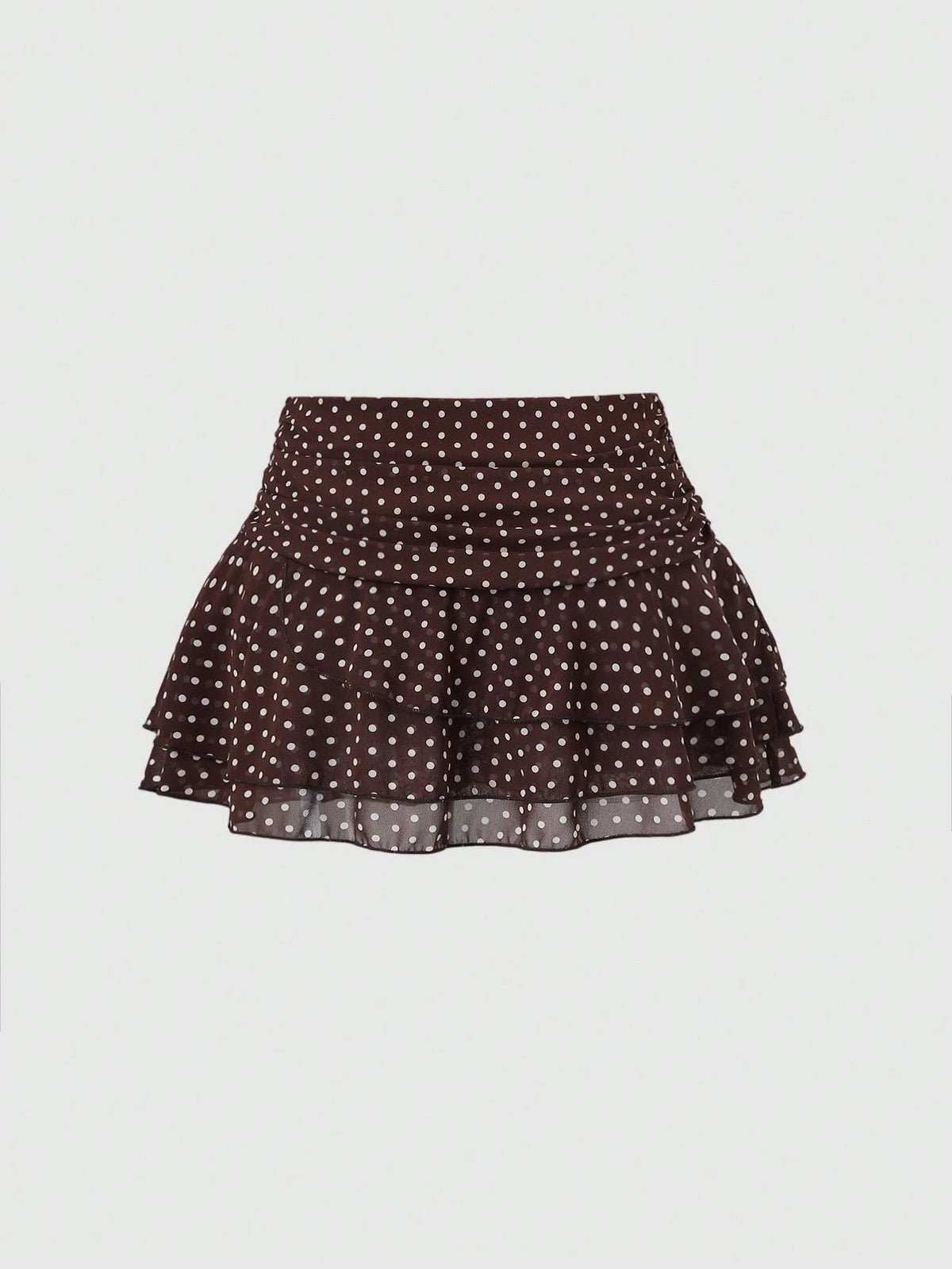 Sweetra Women's Brown And White Polka Dot Pleated Elegant Multi-Layer Cake A-Line Mini Skirt, Sweet Retro, Summer, Cute, Date Commuter Skirt