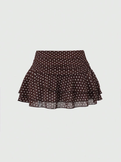 Sweetra Women's Brown And White Polka Dot Pleated Elegant Multi-Layer Cake A-Line Mini Skirt, Sweet Retro, Summer, Cute, Date Commuter Skirt