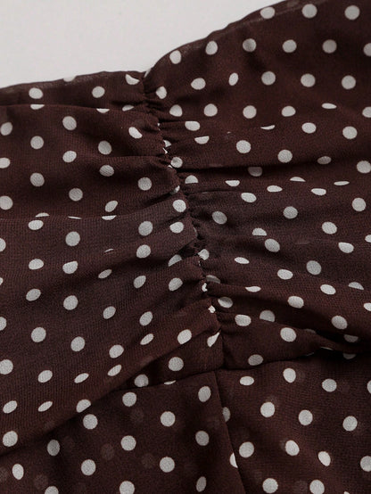 Sweetra Women's Brown And White Polka Dot Pleated Elegant Multi-Layer Cake A-Line Mini Skirt, Sweet Retro, Summer, Cute, Date Commuter Skirt