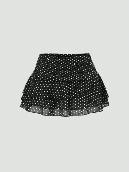 Sweetra Women's Brown And White Polka Dot Pleated Elegant Multi-Layer Cake A-Line Mini Skirt, Sweet Retro, Summer, Cute, Date Commuter Skirt