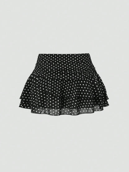 Sweetra Women's Brown And White Polka Dot Pleated Elegant Multi-Layer Cake A-Line Mini Skirt, Sweet Retro, Summer, Cute, Date Commuter Skirt