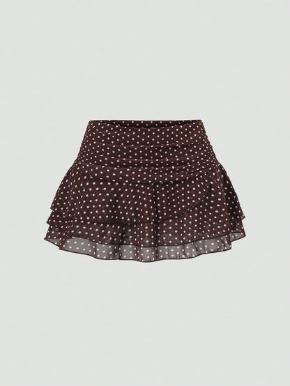 Sweetra Women's Brown And White Polka Dot Pleated Elegant Multi-Layer Cake A-Line Mini Skirt, Sweet Retro, Summer, Cute, Date Commuter Skirt