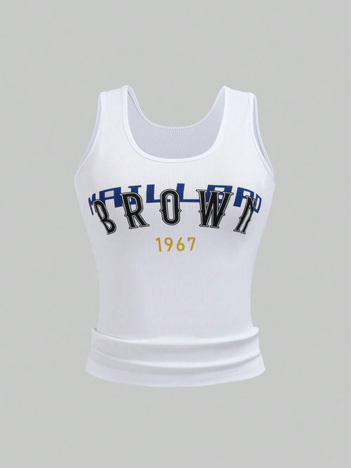 Sweetra Women's Slim Fit Letter Print Tank Top Graphic Tees Women Tops