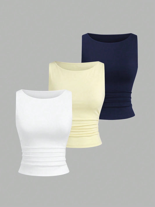 Sweetra Women's Summer Fashion Solid Color Round Neck Ruched Fitted Camisole