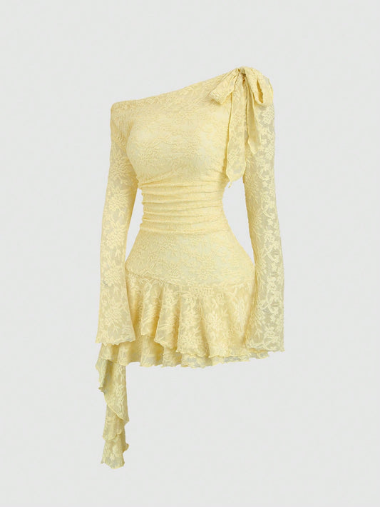 Sweetra Y2K Sexy Lace Asymmetric Shoulder Asymmetrical Hem Dress