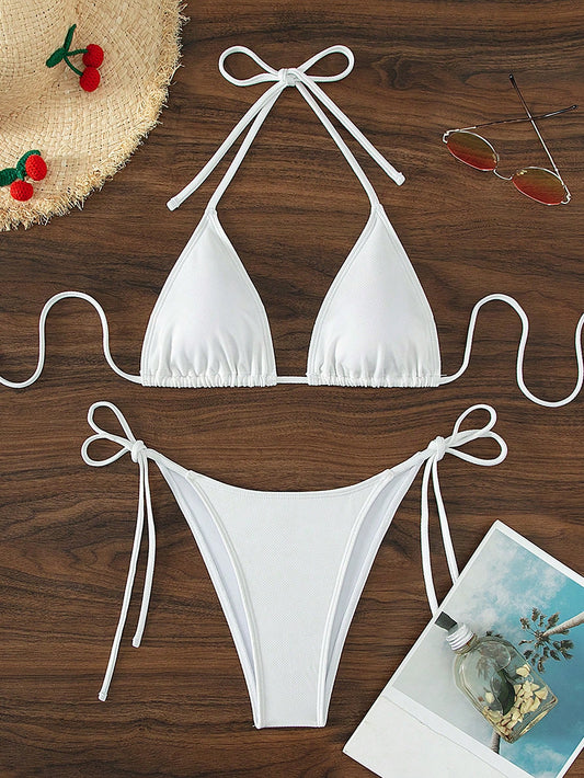 Swim Basics 2026 Spring/Summer White Special Fabric Women's Swimsuit, Spaghetti Strap Halter Solid Color Sexy Side Tie Bikini Bottom Two-Piece Swimwear