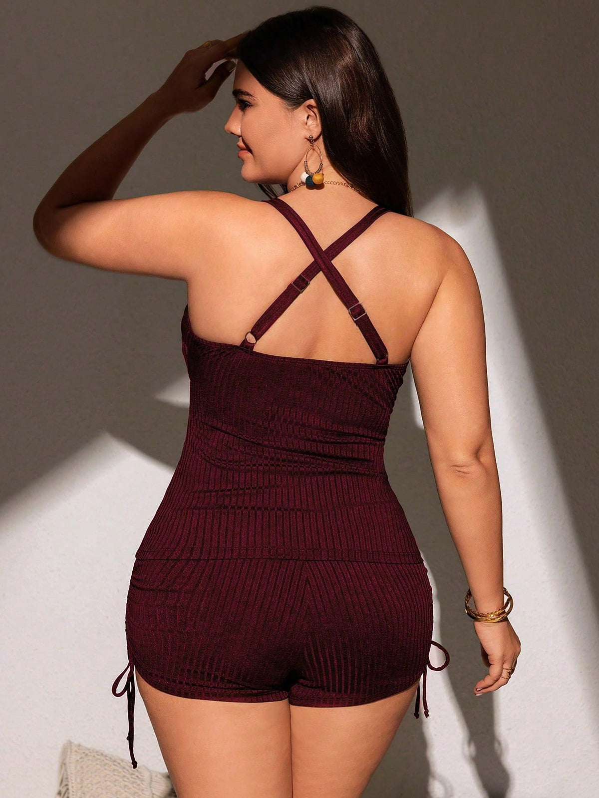 Swim Basics 2pcs/Set Plus Size Women's Adjustable Spaghetti Strap Simple Red Knitted Daily & Holiday Bikini Summer