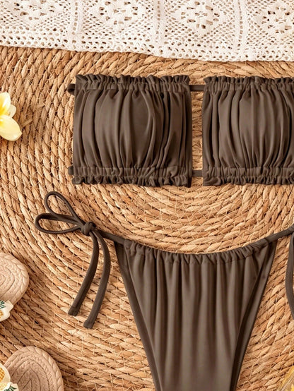 Swim Basics Double Fabric Bandeau (Backless Tie) High Leg Side Tie Bikini Swimwear