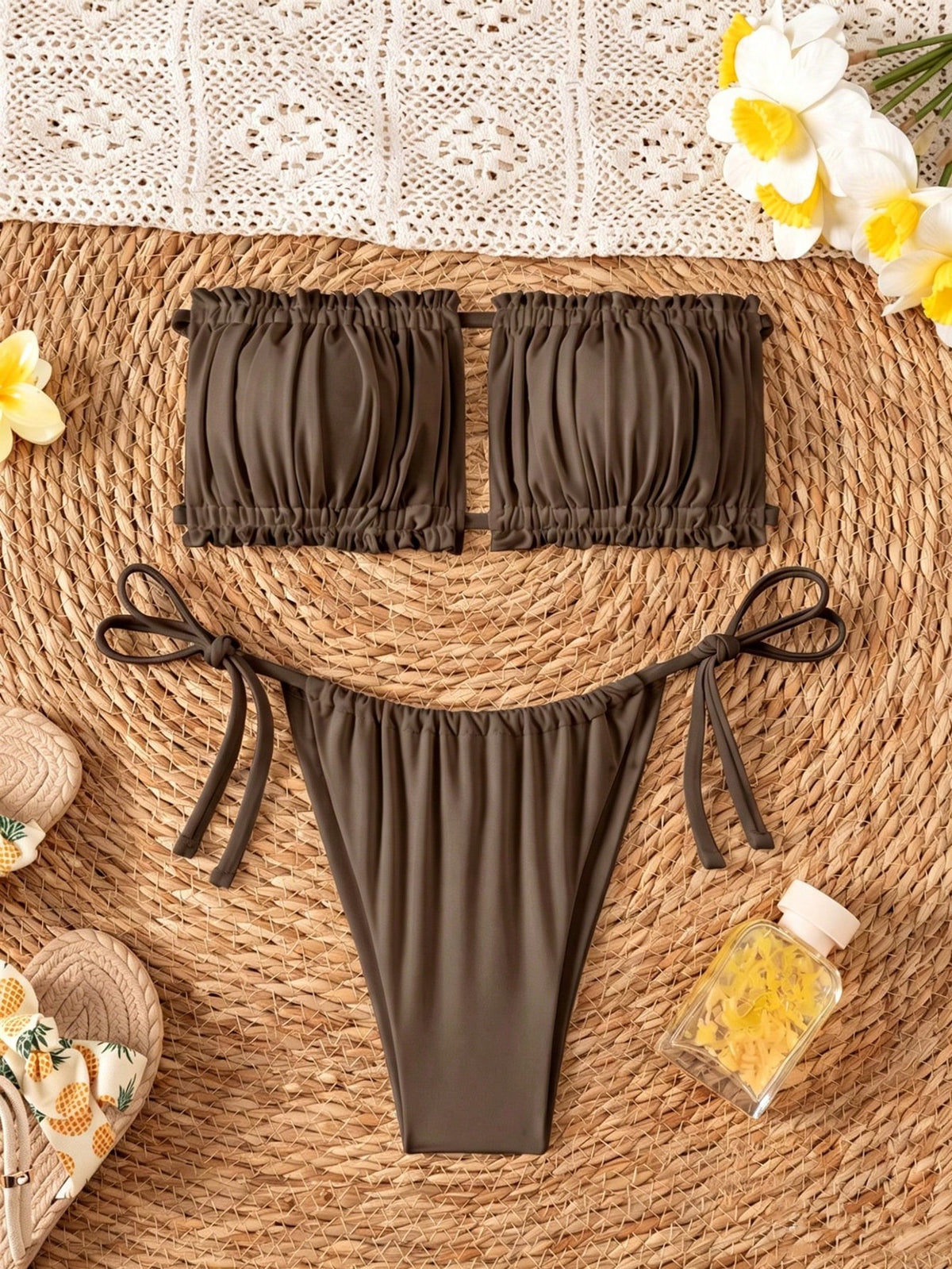 Swim Basics Double Fabric Bandeau (Backless Tie) High Leg Side Tie Bikini Swimwear