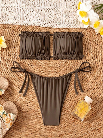 Swim Basics Double Fabric Bandeau (Backless Tie) High Leg Side Tie Bikini Swimwear