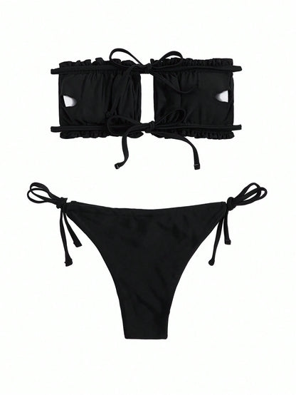Swim Basics Double Fabric Bandeau (Backless Tie) High Leg Side Tie Bikini Swimwear