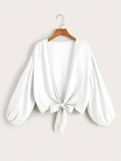 Swim Basics Summer Beach Solid Knot Hem Bishop Sleeve Kimono
