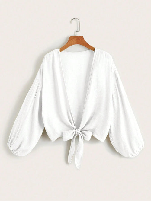 Swim Basics Summer Beach Solid Knot Hem Bishop Sleeve Kimono