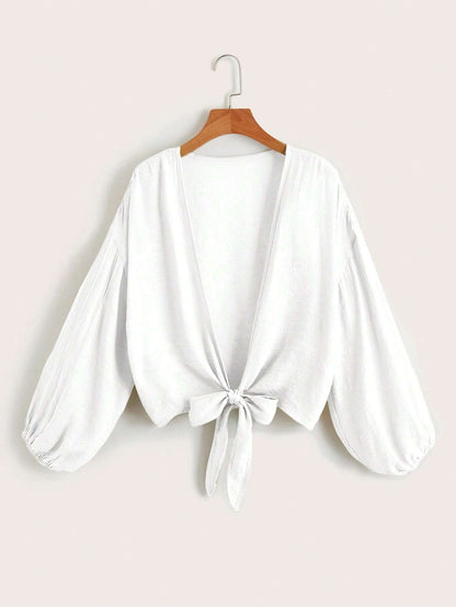 Swim Basics Summer Beach Solid Knot Hem Bishop Sleeve Kimono