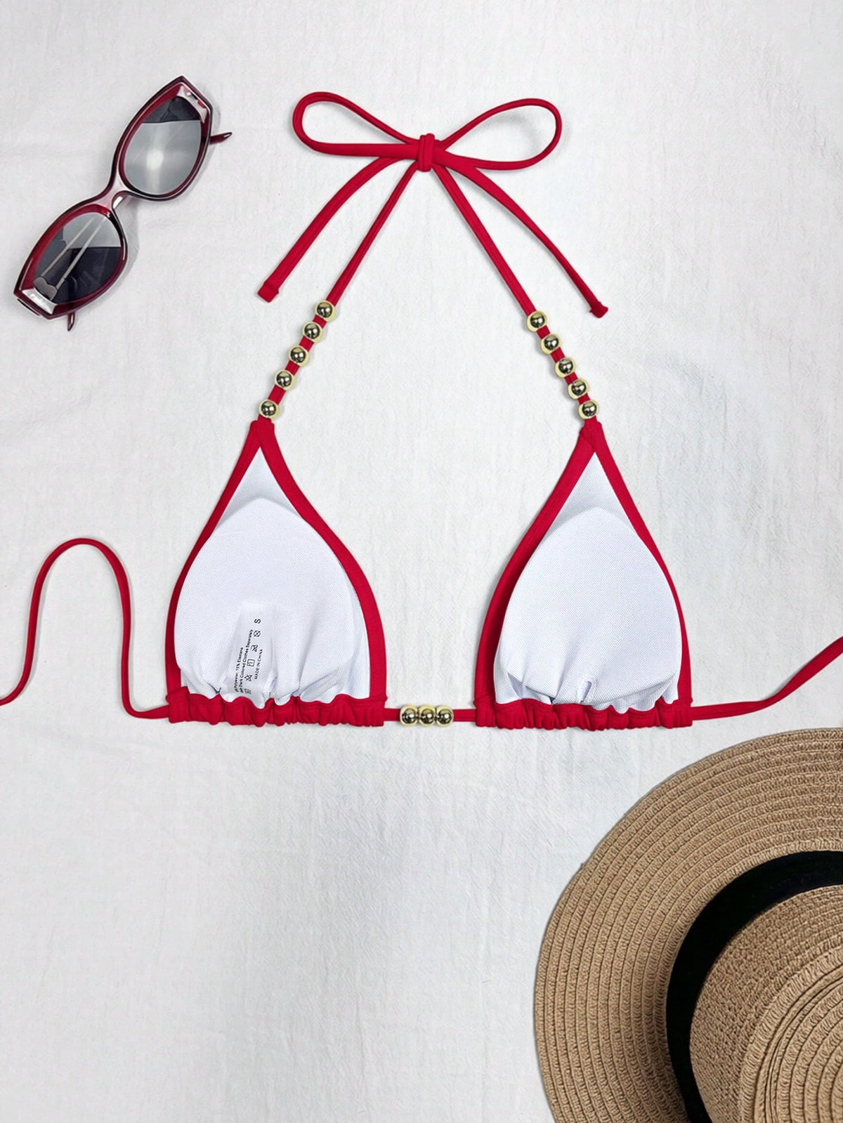Swim Basics Women's Halter Tie-Up Gold Bead Accent Red Bikini Top,Summer Casual Beach Holiday Vacation Triangle Bathing Suit Swimwear Beaded Bikinis Set