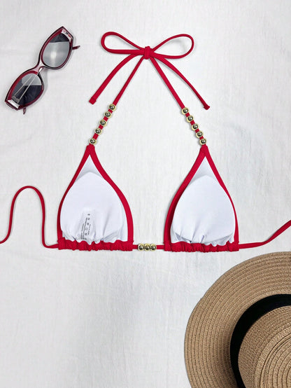 Swim Basics Women's Halter Tie-Up Gold Bead Accent Red Bikini Top,Summer Casual Beach Holiday Vacation Triangle Bathing Suit Swimwear Beaded Bikinis Set